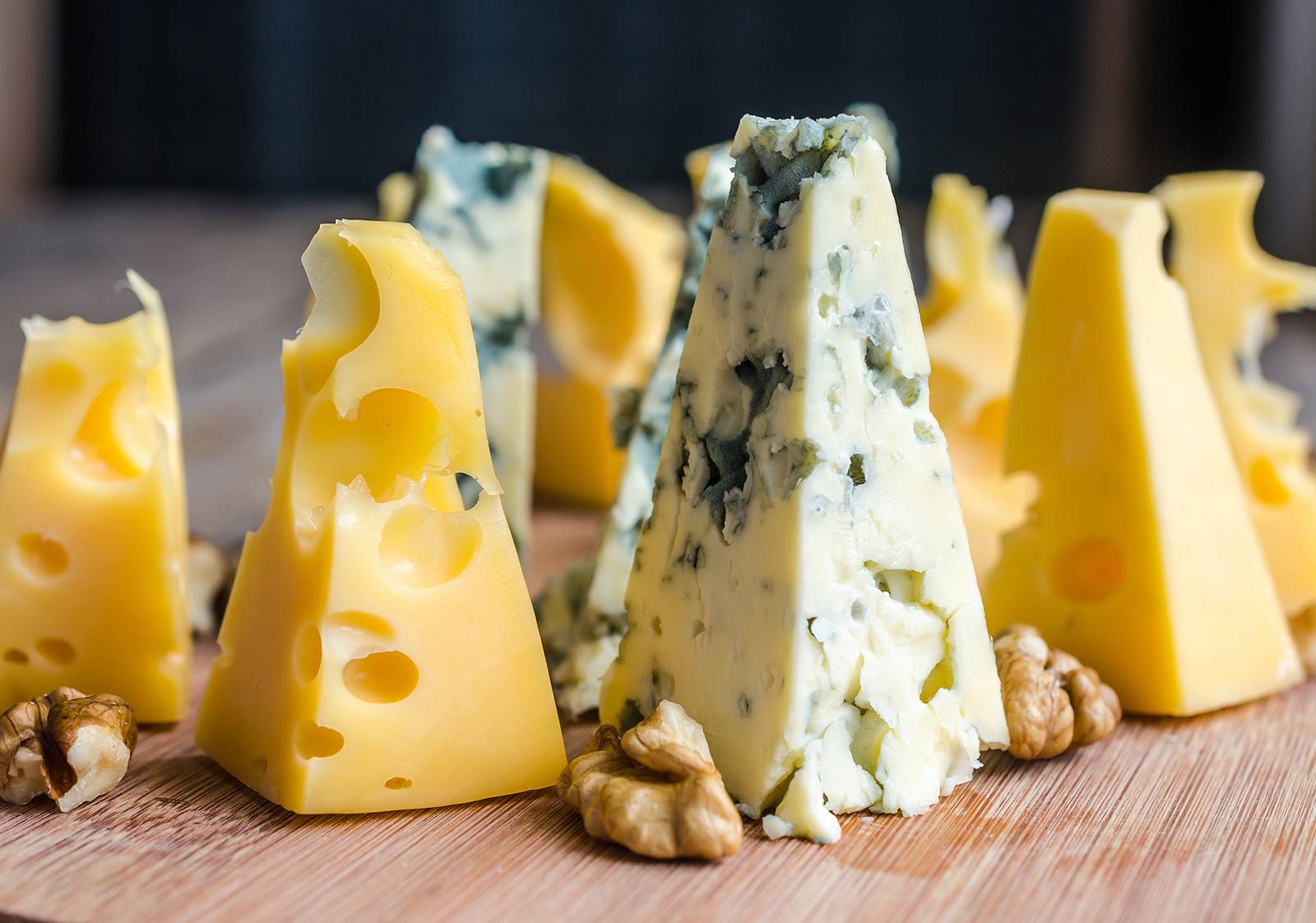 Blue and yellow cheese selection display