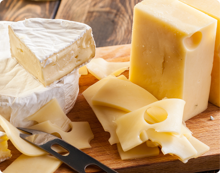 Blocks of cheese on a metal surface.